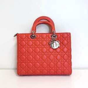 Christian DIOR Orange Lambskin Cannage Large Lady Dior Bag Silver Logo Tote